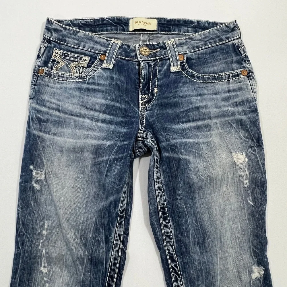Big Star Liv Bootcut Jeans Distressed Low Rise Blue Denim Womens 27L Fits 29L - Picture 6 of 15